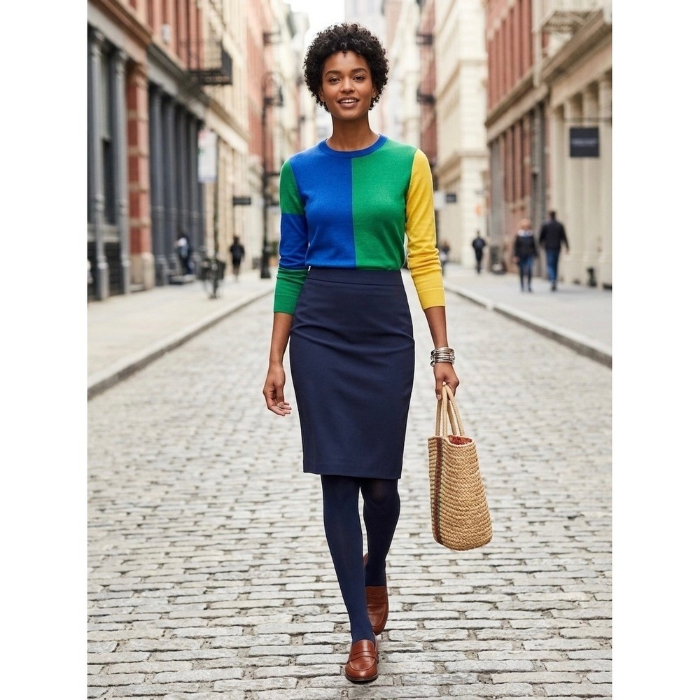 United Colors of Benetton Navy Blue Pencil Skirt Stretch Knee Length Office Wear